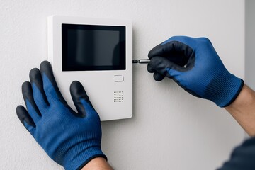 青い手袋をした作業員が壁に取り付けられたモニター機器を精密に調整するメンテナンス作業