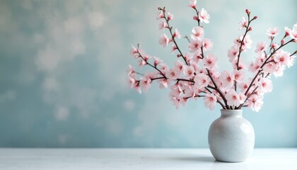Cherry tree branch with pink blossoms in small white vase on white table. Pink flowers in vase. Blossoming cherry branch on table. Springtime blossom in small vase.