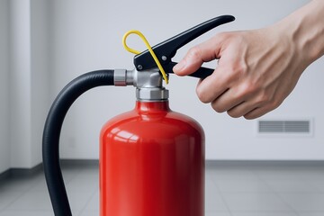 Naklejka premium 消火器の安全ピンを外して操作準備をする成人男性の手元を映した防災意識のイメージ写真