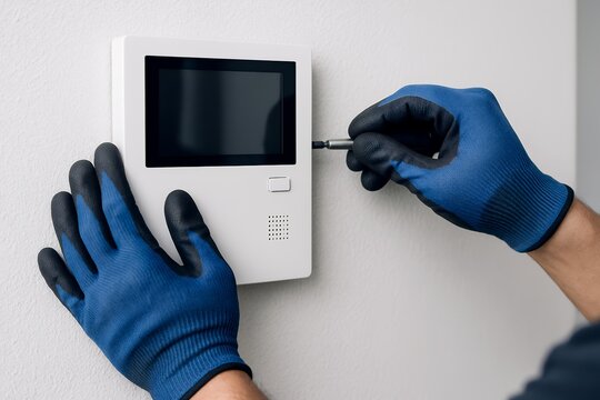 青い手袋をした作業員が壁に取り付けられたモニター機器を精密に調整するメンテナンス作業