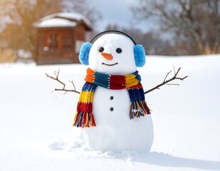 Smiling Snowman with Colorful Scarf and Headphones in Snowy Landscape.
