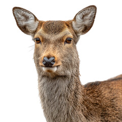 Fototapeta premium Close-up portrait of a majestic brown deer with alert ears and gentle eyes, isolated on a transparent background. background removed