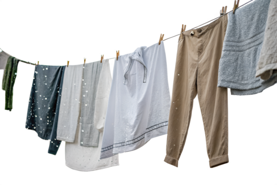 Clothesline Breeze: Garments, gently swaying in the breeze, hang on a clothesline. Clean laundry suspended in the fresh air, a symbol of domestic life. Captured with a minimalistic touch. 