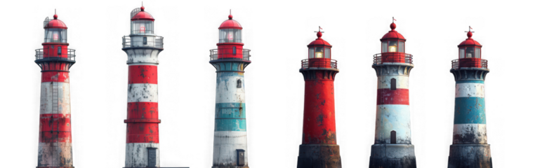 Collection of six lighthouses in various colors and designs, isolated on transparent background, representing guidance, safety, and maritime navigation