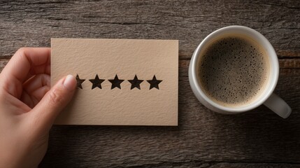 Customer satisfaction concept woman gives five star rating on rustic table with coffee