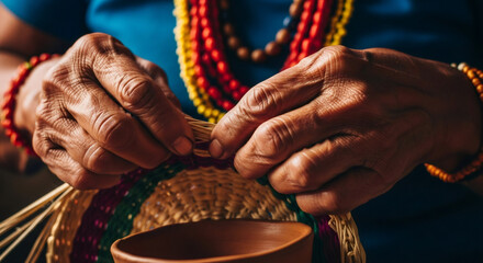 Older woman's hands skillfully weaving a colorful basket, crafting traditional handmade item. Folk art and indigenous craft concept.