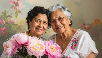 Two Elderly Women Smiling with Flowers.