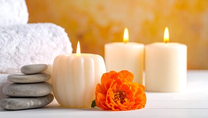 A calming spa scene, featuring fluffy white towels, smooth grey stones in a stack, lit candles, and a vibrant orange flower