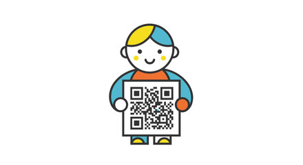 Cartoon child holding a QR code with a cheerful expression  