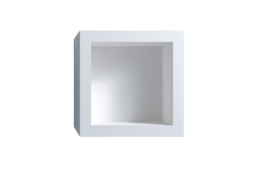 A minimalist white rectangular display box or niche, empty and illuminated from within, stands against a stark transparent background, showcasing clean lines and modern design. background removed