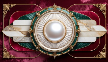 Opulent Art Deco Design with Central Pearl and Ornate Gold Filigree on Rich Velvet Background