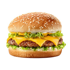 A delicious classic double cheeseburger featuring two juicy beef patties, melted cheese, crisp lettuce, and sesame bun, isolated on black. background removed