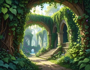 Ancient overgrown ruins, lush jungle path, serene nature.