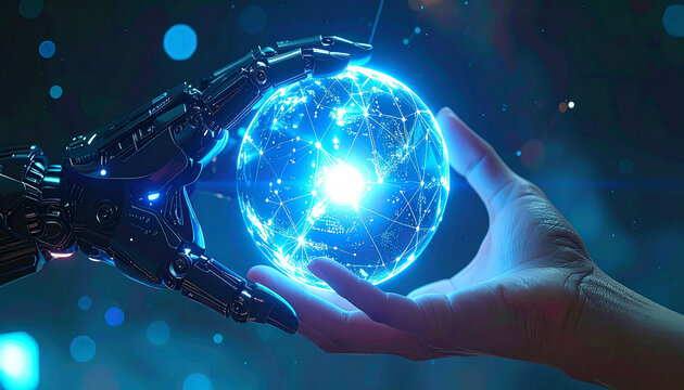 Human-Robot Collaboration: A fusion of human and machine, with a metallic hand and a human hand joining to cradle a radiant globe, symbolizing the convergence of technology and human touch.