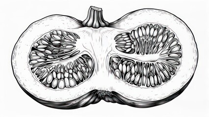 Detailed black and white illustration of a pumpkin sliced open, revealing seeds and pulp