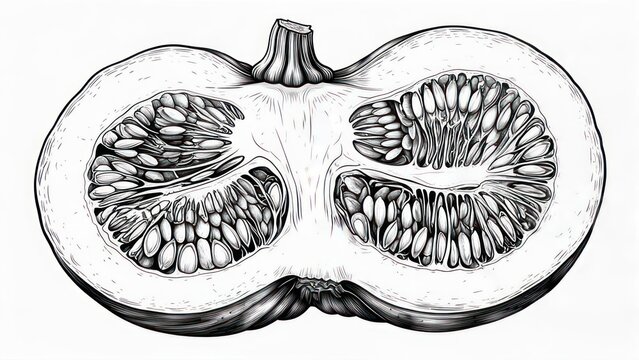 Detailed black and white illustration of a pumpkin sliced open, revealing seeds and pulp - Powered by Adobe