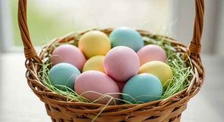Naklejka premium Colorful Easter eggs in a wicker basket with green grass 
