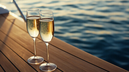 Champagne on a Boat: Toast to luxury and the open sea with two glasses of sparkling beverage against the backdrop of serene ocean views, a perfect getaway.