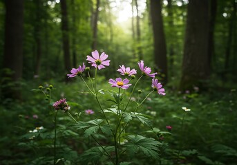Fototapeta premium Beautiful pink wildflowers blooming in a lush green forest with sunlight filtering through the trees.
