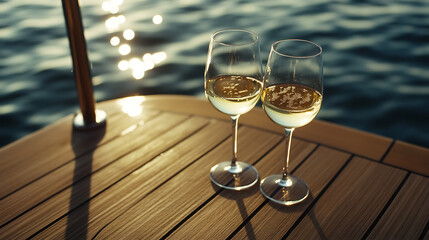 Obraz premium Two glasses of white wine sparkle in the sun on a boat's wooden deck, with the ocean glittering in the background. Relaxation and luxury abound.