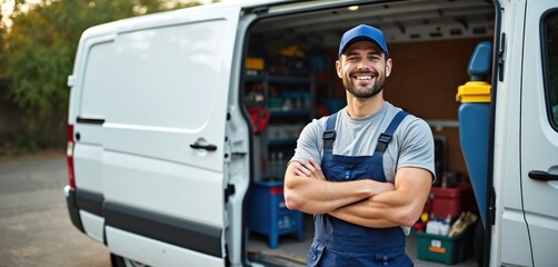 Smiling plumber stands near work van. Man wears blue uniform and cap. Service car is fully equipped with tools for maintenance job at site. Skilled expert ready for repair.