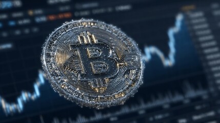 Bitcoin cryptocurrency coin with financial market chart background representing digital investment