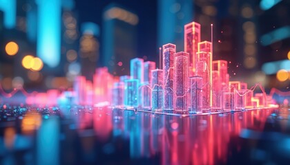 Futuristic digital cityscape presents dynamic e-commerce data metrics. Glowing bar graphs with neon lights illustrate market trends, retail analytics, business growth visualization. Tech background
