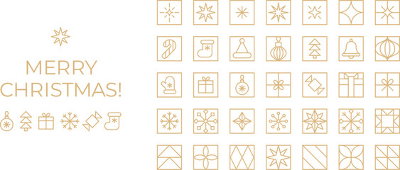 Gold line Christmas icons. Christmas card geometric ornaments. Luxury linear art deco Christmas banner design elements.