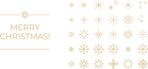 Gold line Christmas stars, sparkles, snowflakes. Luxury New Year card, linear art deco Christmas banner design elements.