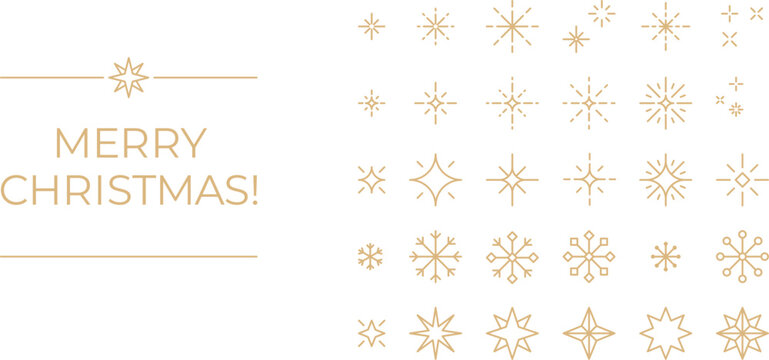 Gold line Christmas stars, sparkles, snowflakes. Luxury New Year card, linear art deco Christmas banner design elements.
