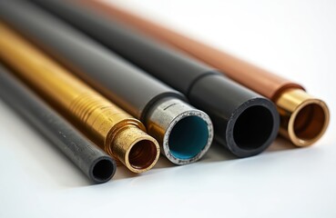 Fototapeta premium Close-up of assorted industrial tubes in various colors, diameters. Different end caps, internal structures are visible. Tubes are made of metal, plastic materials. They have different shapes, sizes.