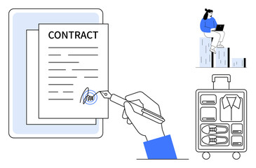 Hand signing a digital contract on a tablet, open suitcase neatly packed with clothes, remote worker using a laptop. Ideal for business, travel, organization, remote work, agreements, mobility