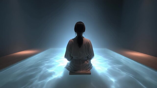 Meditator sits on the water seeking inner peace