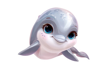 Adorable cartoon baby dolphin with big blue eyes, a sweet smile, and soft gray and white features, radiating cuteness. background removed