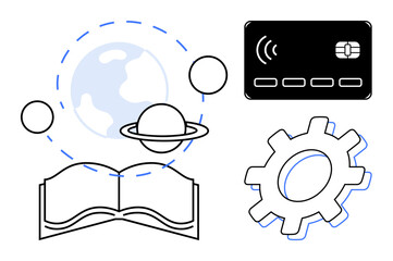 Open book with planets and Earth orbiting above, gear icon representing innovation, and contactless debit card for technology. Ideal for education, finance, innovation, science, digital progress