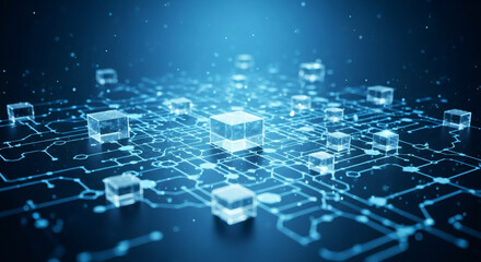 Futuristic microcircuit with glowing lines and transparent cubes. Data processing in blockchain and quantum computing concept. Global network.