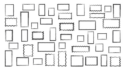 Collection of hand-drawn wavy rectangular and square frames on a white background. Keywords frame, border, wavy related to wavy frame, hand drawn, rectangular border, square frame,