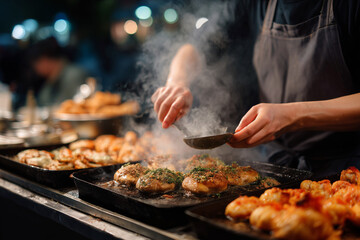 Naklejka premium A woman is cooking food in a restaurant kitchen