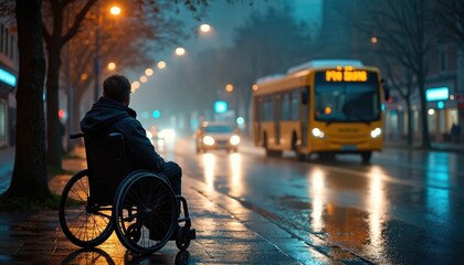 Senior man sits in wheelchair awaiting bus under rainy night sky. Street lights illuminate wet pavement reflecting city glow. He appears solitary yet hopeful amidst urban transit infrastructure.