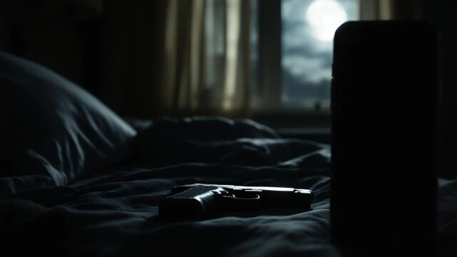 A pistol lies on rumpled sheets by a moonlit window at night.