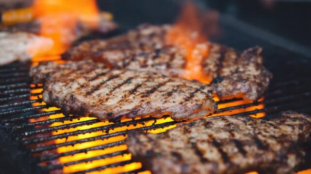 Delicious Grilled Steaks on a Hot Barbecue Grill.