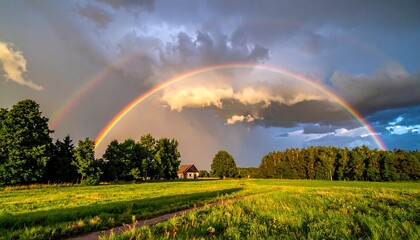 Rainbow Arcs Over Lush Green Field.