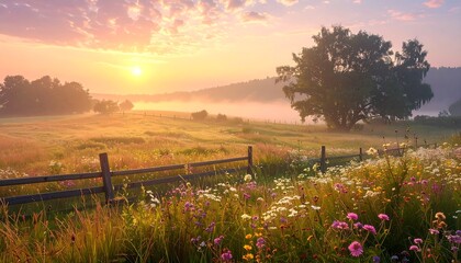 Sunrise Meadow with Flowers and Fence.