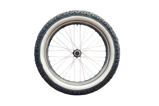 A classic bicycle wheel with a white sidewall tire and knobby tread, spokes, and hub, isolated against a stark transparent background. background removed