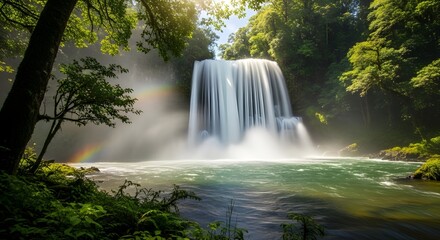 Obraz premium Majestic Waterfall Surrounded by Lush Green Forest and Rainbow
