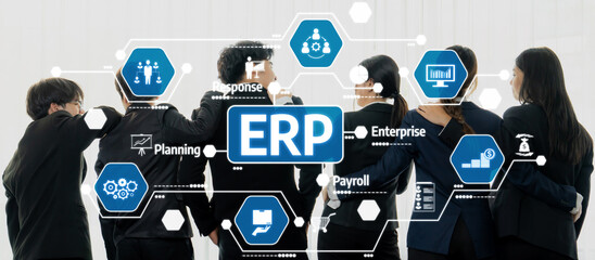 A business team collaborates on an ERP strategy, featuring various icons representing planning, payroll, and enterprise functions to enhance efficiency and productivity. Amity