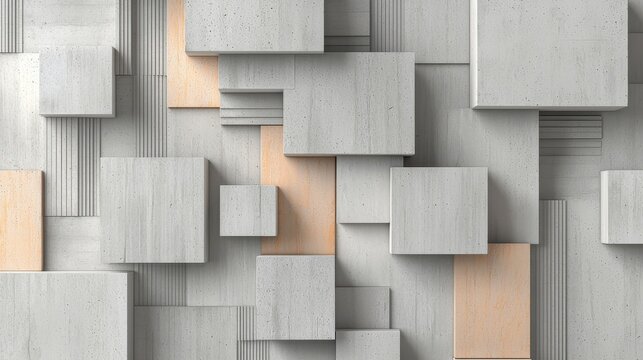 Abstract Concrete and Wood Cube Background, 3D Geometric Pattern, Modern Architecture, Neutral Tones, Minimalist Design, Wall Texture