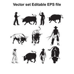 Obraz premium Vector art of collection of cowboy and bull silhouettes in action poses, , depicting ranching and rodeo scenes with dynamic movement and bold graphic style