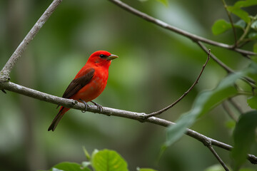 Obraz premium A vibrant red bird with dark wings perched on a tree branch amidst lush green foliage.