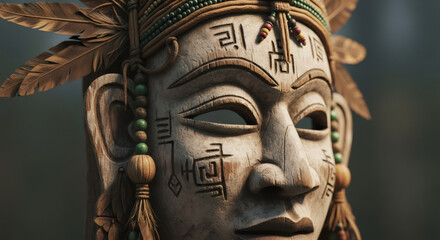 Intricately carved wooden tribal mask with feathers and beads. Ancient culture and ethnic art representation. Concept of heritage and tradition.